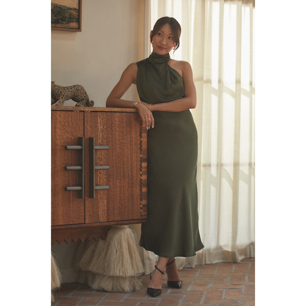 Lulus Distinctive Charm Olive Green Satin Asymmetrical Midi Dress - Size S